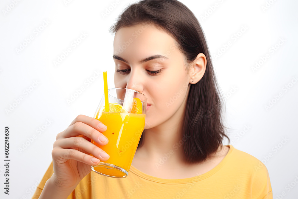 Young woman drinking juice with a straw, on a white background, generative ai Young woman drinking juice with a straw, on a white background, generative ai