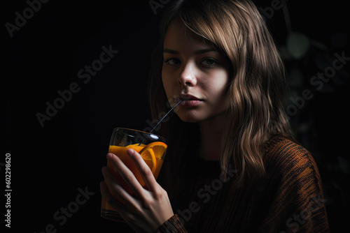 Young woman drinking juice with a straw, on a black background, generative ai