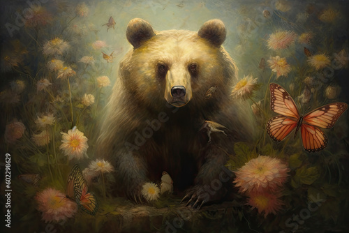 Ein Bär sitzt in Blumen