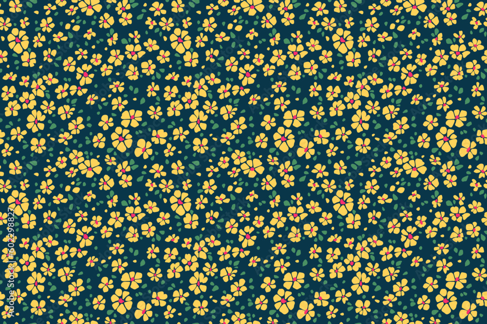 Beautiful floral pattern in small abstract flowers. Small yellow flowers. Dark blue background. Ditsy print. Floral seamless background. Delicate template for fashion prints. Stock pattern. Beautiful floral pattern in small abstract flowers. Small yellow flowers. Dark blue background. Ditsy print. Floral seamless background. Delicate template for fashion prints. Stock pattern.