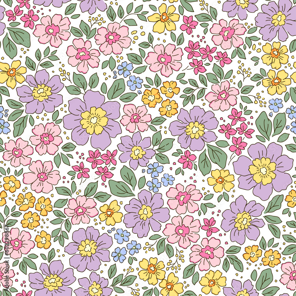 Vector seamless pattern. Pretty pattern in small flowers. Small lilac and yellow flowers. White background. Trendy floral background. Elegant template for fashion prints. Stock vector.