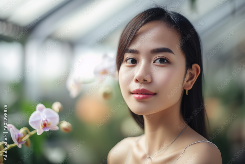 Beautiful young Thai woman in orchid greenhouse at dawn. Photorealistic illustration generative AI. Beautiful young Thai woman in orchid greenhouse at dawn. Photorealistic illustration generative AI.