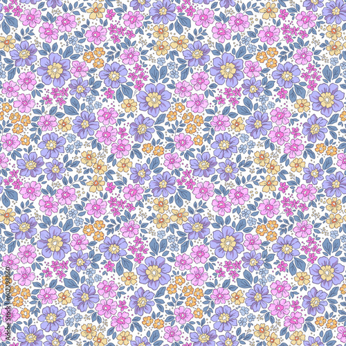 Ditsy floral pattern. Pretty flowers on white background. Printing with small pink, yellow and lilac flowers. Cute print. Seamless vector texture. Stock vector. Printing on surfaces. Abstract flowers.