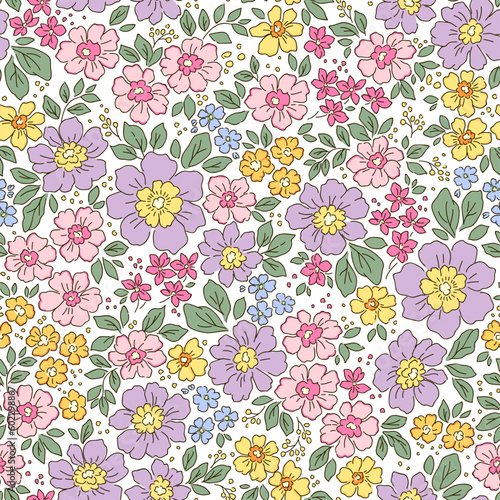 Vector seamless pattern. Pretty pattern in small flowers. Small lilac and yellow flowers. White background. Trendy floral background. Elegant template for fashion prints. Stock vector.
