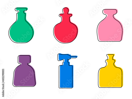 Vector illustration of a set of perfume bottles. Isolated white background.