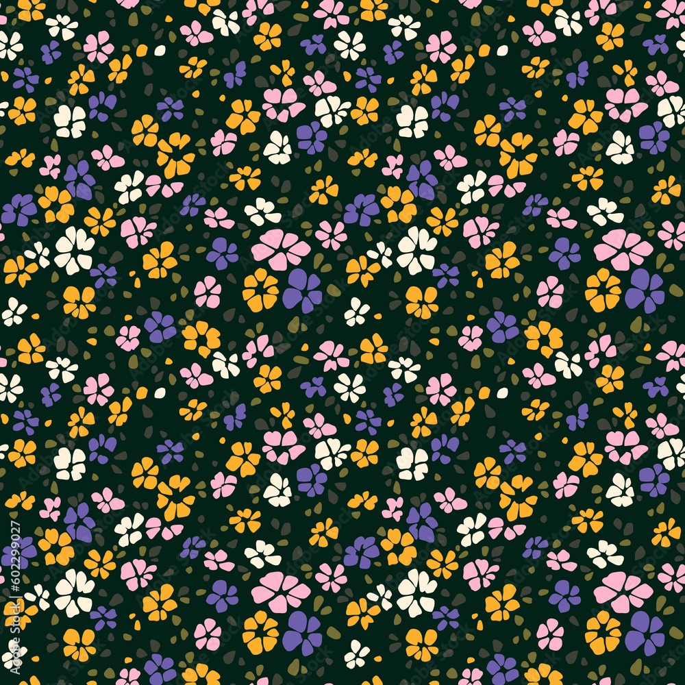 Vector seamless pattern. Pretty pattern in small flowers. Small multicolored flowers. Black background. Ditsy floral background. Elegant template for fashion prints. Stock vector. Vector seamless pattern. Pretty pattern in small flowers. Small multicolored flowers. Black background. Ditsy floral background. Elegant template for fashion prints. Stock vector.