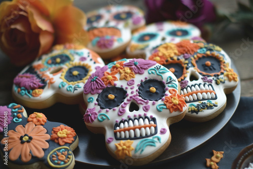 Mexico's Day of the Dead background, El Dia de Muertos, created with Generative AI	

