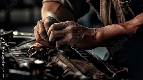 Automobile mechanic repairman hands repairing a car engine automotive workshop with a wrench. Copy space. Generative AI. 5