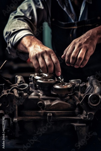 Automobile mechanic repairman hands repairing a car engine automotive workshop with a wrench. Copy space. Generative AI. 4