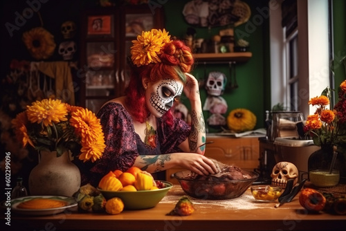 Mexico's Day of the Dead background, El Dia de Muertos, created with Generative AI   © V
