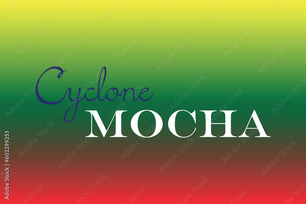 Cyclone Mocha typography text vector design. Cyclone Mocha text on Myanmar flag color background. Cyclone Mocha typography text vector design. Cyclone Mocha text on Myanmar flag color background.