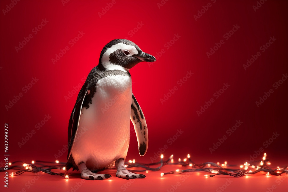 Fototapeta premium Penguin wrapped in Christmas lights garland, standing on red background, looking to side at blank copy space. Christmas penguin banner. AI generative