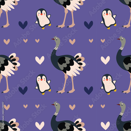 Pattern with penguin, ostrich bird.