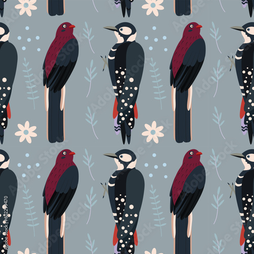Pattern with woodpecker, trogon bird.