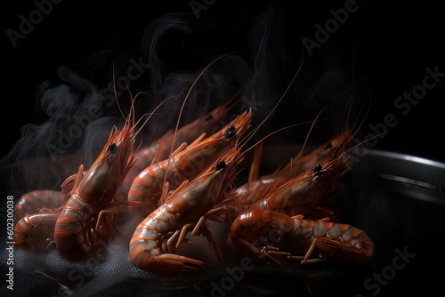 Shrimps sizzling in a pan, the aroma of spices wafting in the air. Seafood delight, cooked to perfection on a dark backdrop. Generative AI.