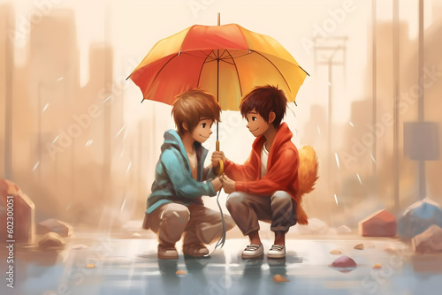  two children under a single umbrella during rain. International Day of Friendship concept.