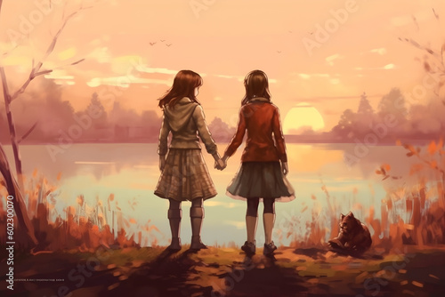 two friends holding hands s in front of a canal during sunset. International Day of Friendship concept. 