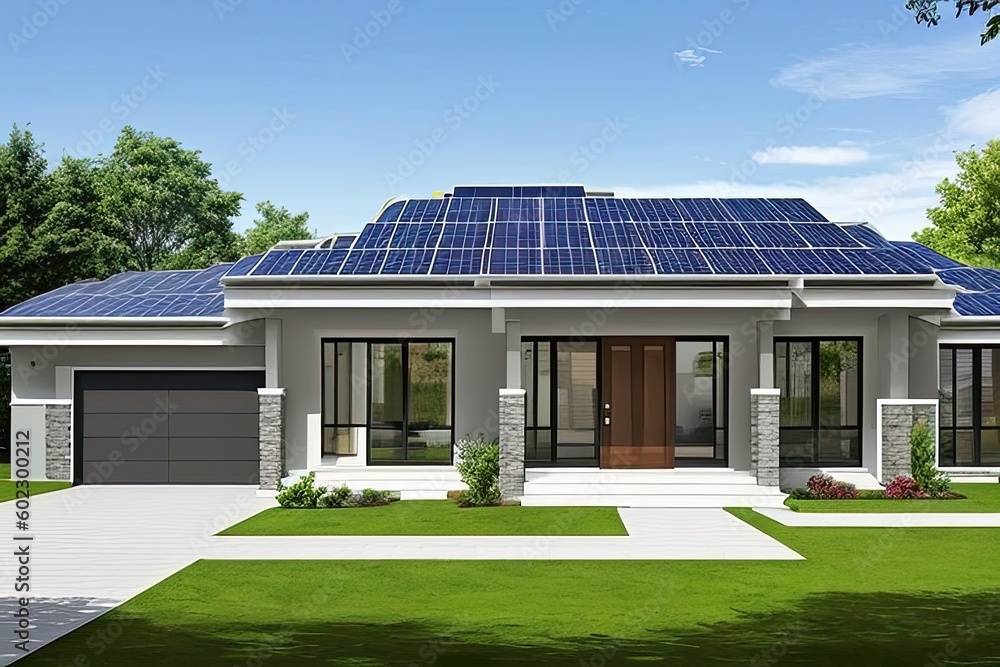 Design of modern house with solar panels on the roof. Concept ecological clear alternative energy. Generative AI. Design of modern house with solar panels on the roof. Concept ecological clear alternative energy. Generative AI.