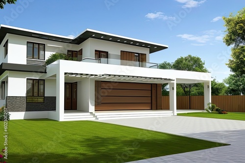 Design of modern cozy house for sale or rent in luxurious style and beautiful landscaping on background.. Generative AI.