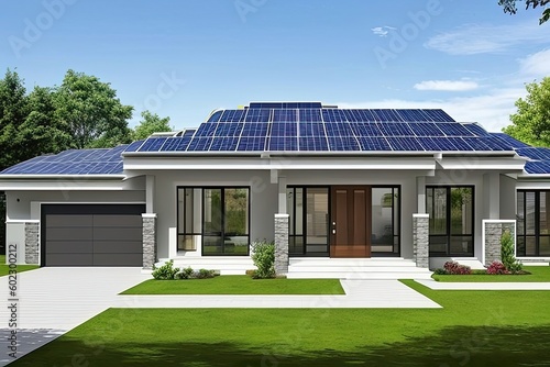 Design of modern house with solar panels on the roof. Concept ecological clear alternative energy. Generative AI.