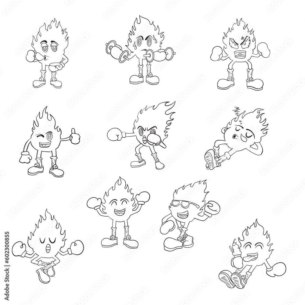 Cute Flames Cartoon Outlines sets, good for graphic design resources, coloring books, stikers, prints, banners, posters, and more.