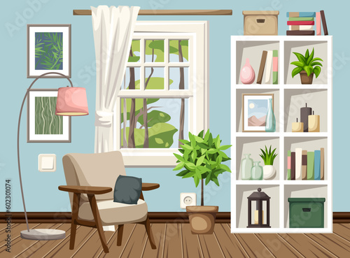 Living room interior design with blue walls, an armchair, a shelving, a window, and houseplants. Cozy room interior design. Cartoon vector illustration