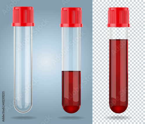 Three 3 dimensional transparent glass test tubes with red cap. Two test tubes with red liquid and one is empty. Vector Illustration.