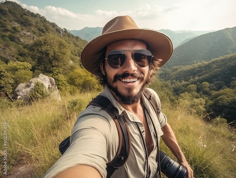 Fototapeta premium Sommerurlaub und Wandern in den Bergen. Glückliche Momente im Freien, generative AI.