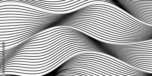 A black and white abstract pattern with curved lines.