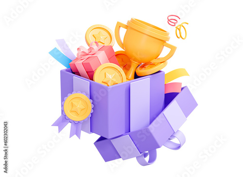 Obraz na plátně 3D Open Gift box with Trophy cup, award medal ribbon and coin
