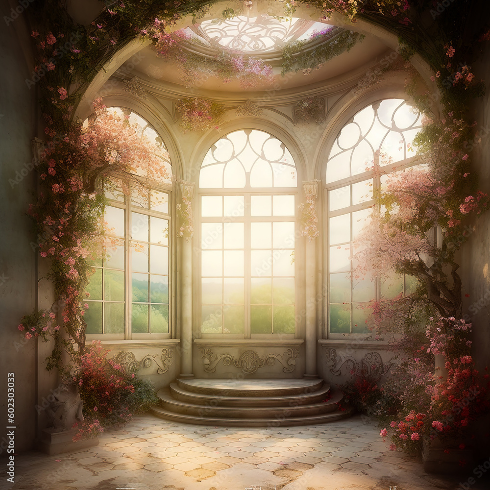 Fototapeta premium Generative AI: enchanted fairy tale arch with flowers in a castle