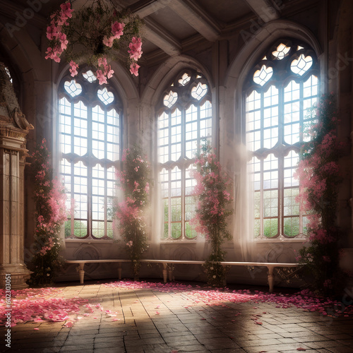 Generative AI   enchanted fairy tale arch with flowers in a castle