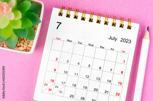 The July 2023 desk calendar for 2023 with plant pot on pink colour background.