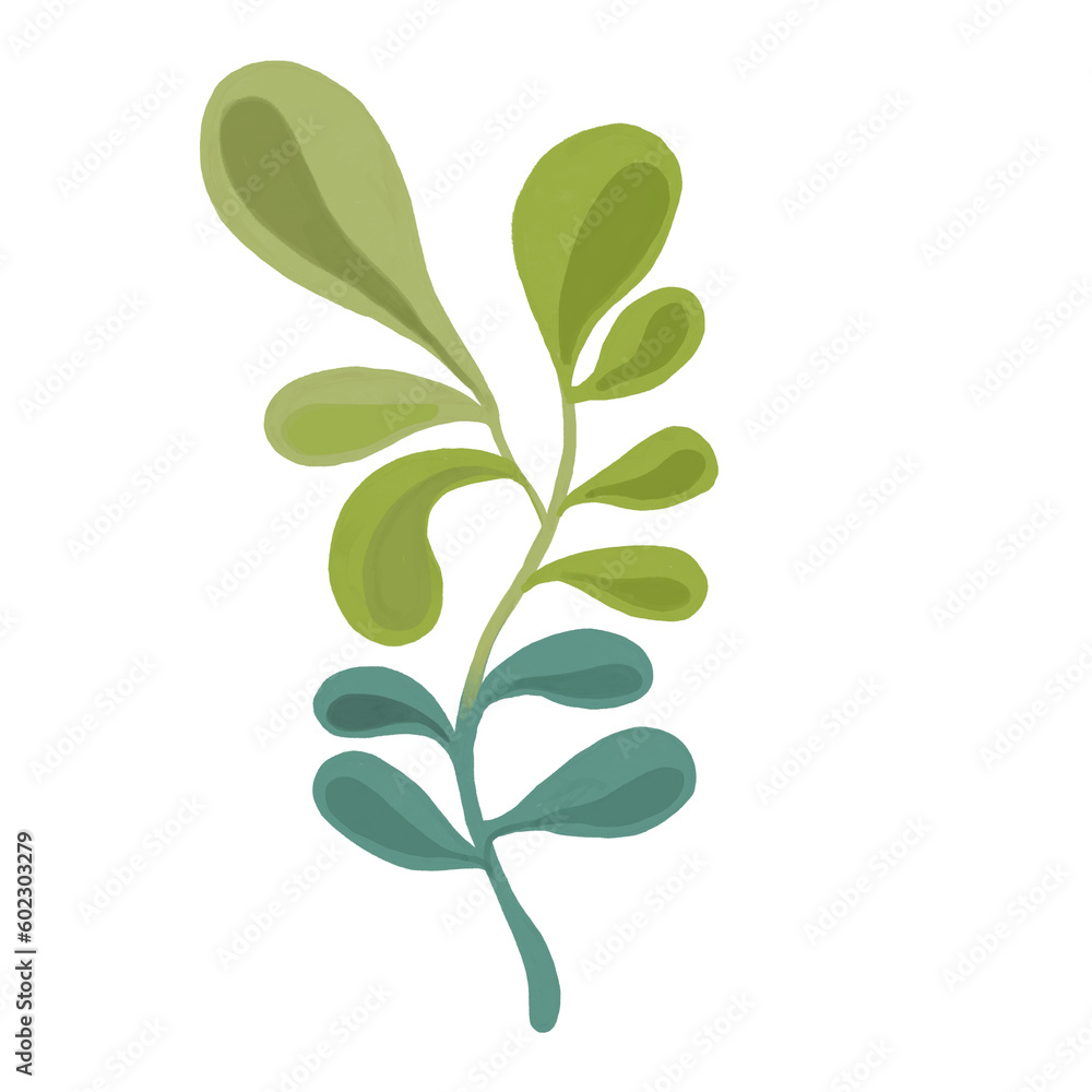 Watercolor and drawing cute green leaf branch in the forest. Digital painting of icon illustration.