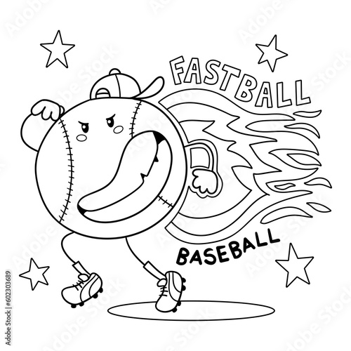 Canvas Print illustration in black and white of a smiling baseball running very fast, retro d