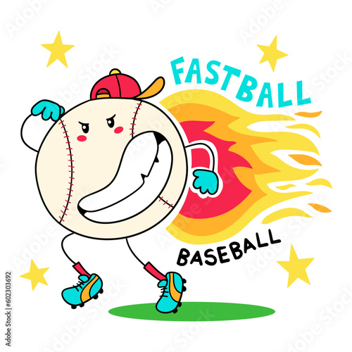 illustration of a smiling baseball running very fast  retro drawing  design for t-shirt