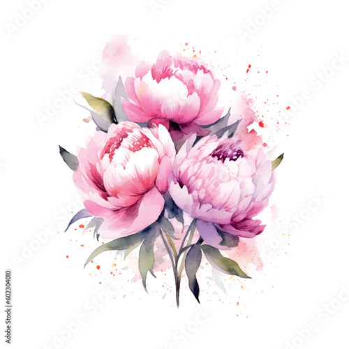 Pink bouquet of peonies watercolor on white background. Abstract colorful. Floral decor. Vintage illustration for print design.