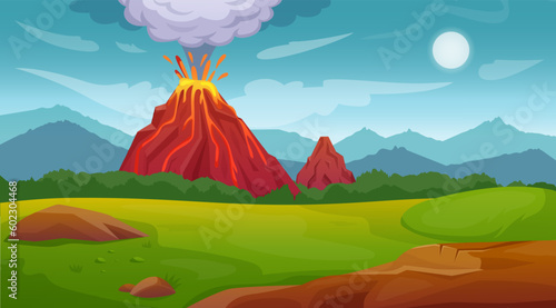 Volcano erupt. Mountains with lava and magma eruption. Natural disaster. Volcanic fire and clouds. Active burn with ash and smoke. Dangerous earthquake. Vector tidy cartoon landscape