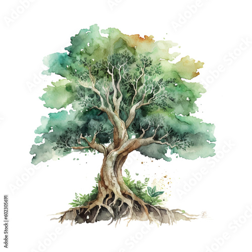 Bodhi Sacred Fig tree Watercolor Vector Illustration.