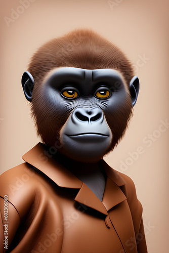 Anthropomorphic stylish gorilla in a trendy jacket. © Alena Vilgelm