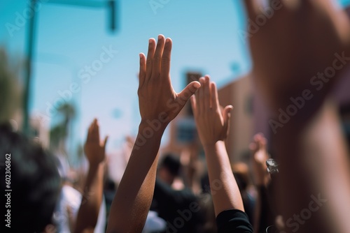 Crowd of people raising their hands during protest.