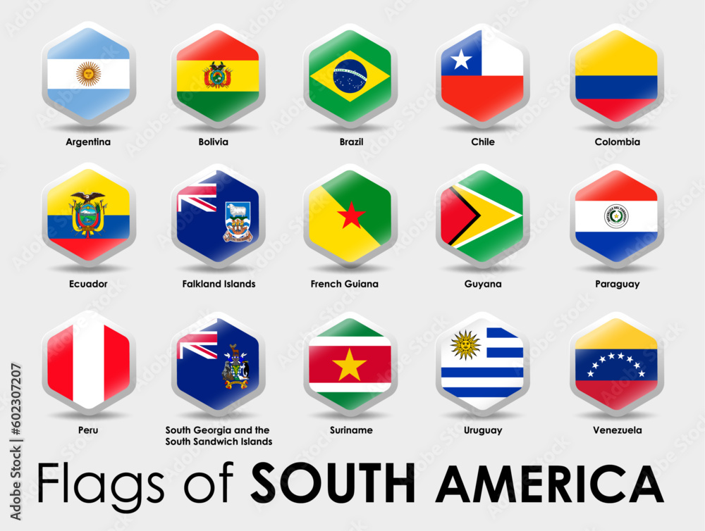 Set of South America flags. Simple Hexagon shape design on gray background.