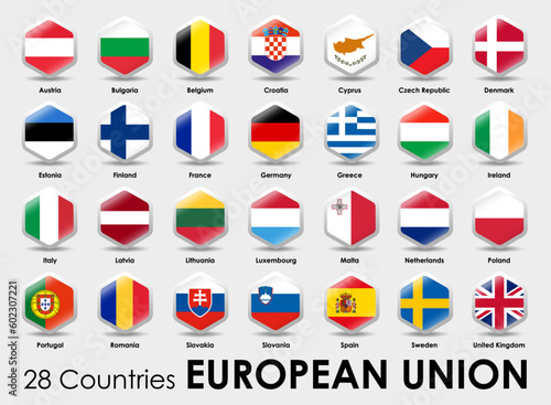 Vector illustration of Hexagon shape flags of the 25 countries European Union on gray background © 397HOUSE