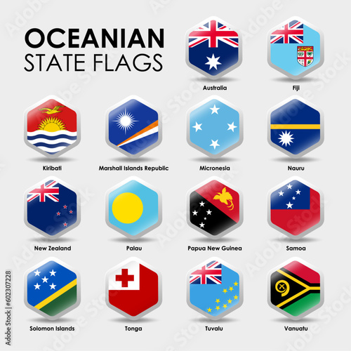 Set of Oceanian flags. Simple Hexagon shape design. National flags icon set. Vector illustration on gray background