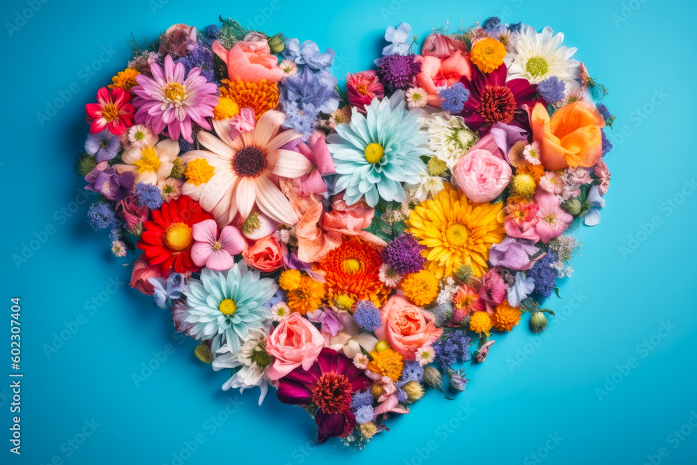 A heart made of flowers on a blue surface, soft pastel colors with organic form. Romantic symbol for Valentines Day and Mother's Day. Generative AI A heart made of flowers on a blue surface, soft pastel colors with organic form. Romantic symbol for Valentines Day and Mother's Day. Generative AI