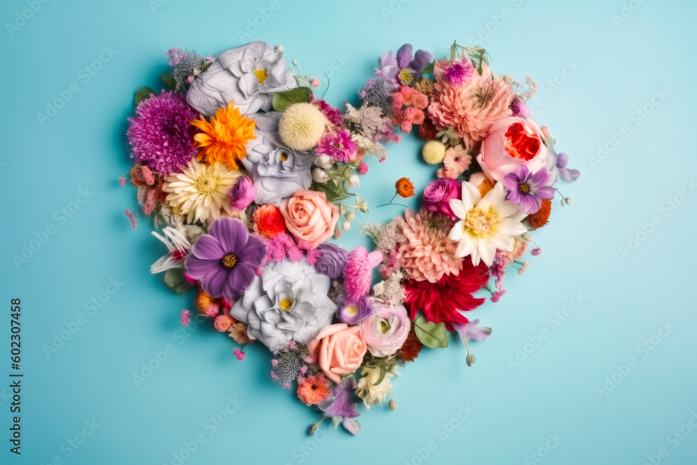 A heart made of flowers on a blue surface, soft pastel colors with organic form. Romantic symbol for Valentines Day and Mother's Day. Generative AI A heart made of flowers on a blue surface, soft pastel colors with organic form. Romantic symbol for Valentines Day and Mother's Day. Generative AI