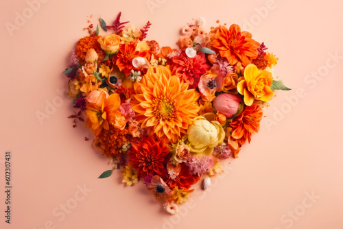 A heart made of flowers on a light orange surface, soft pastel colors with organic form. Romantic symbol for Valentines Day and Mother's Day. Generative AI