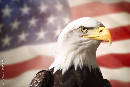 Head of Bald Eagle bird in front of American flag. 