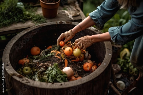 A woman adding vegetable scraps to a compost bin in her backyard, with a focus on her hands and the compost materials