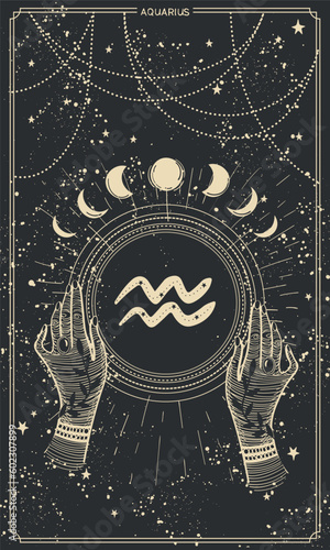 Capricorn zodiac Aquarius, air element, vintage astrological card for stories, horoscope. Vector hand drawn illustration isolated on black background.